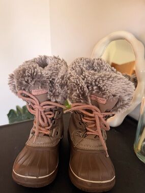 London Fog Kids Brown Boots with Pink Laces and Gray Faux Fur